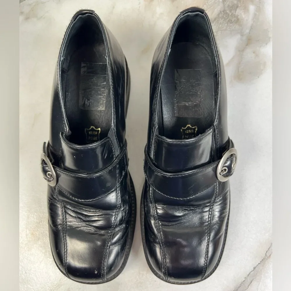 Made in Italy Y2K Black Leather Square Toe Chunky Heel Slip On Loafers, Sz 2.5-3